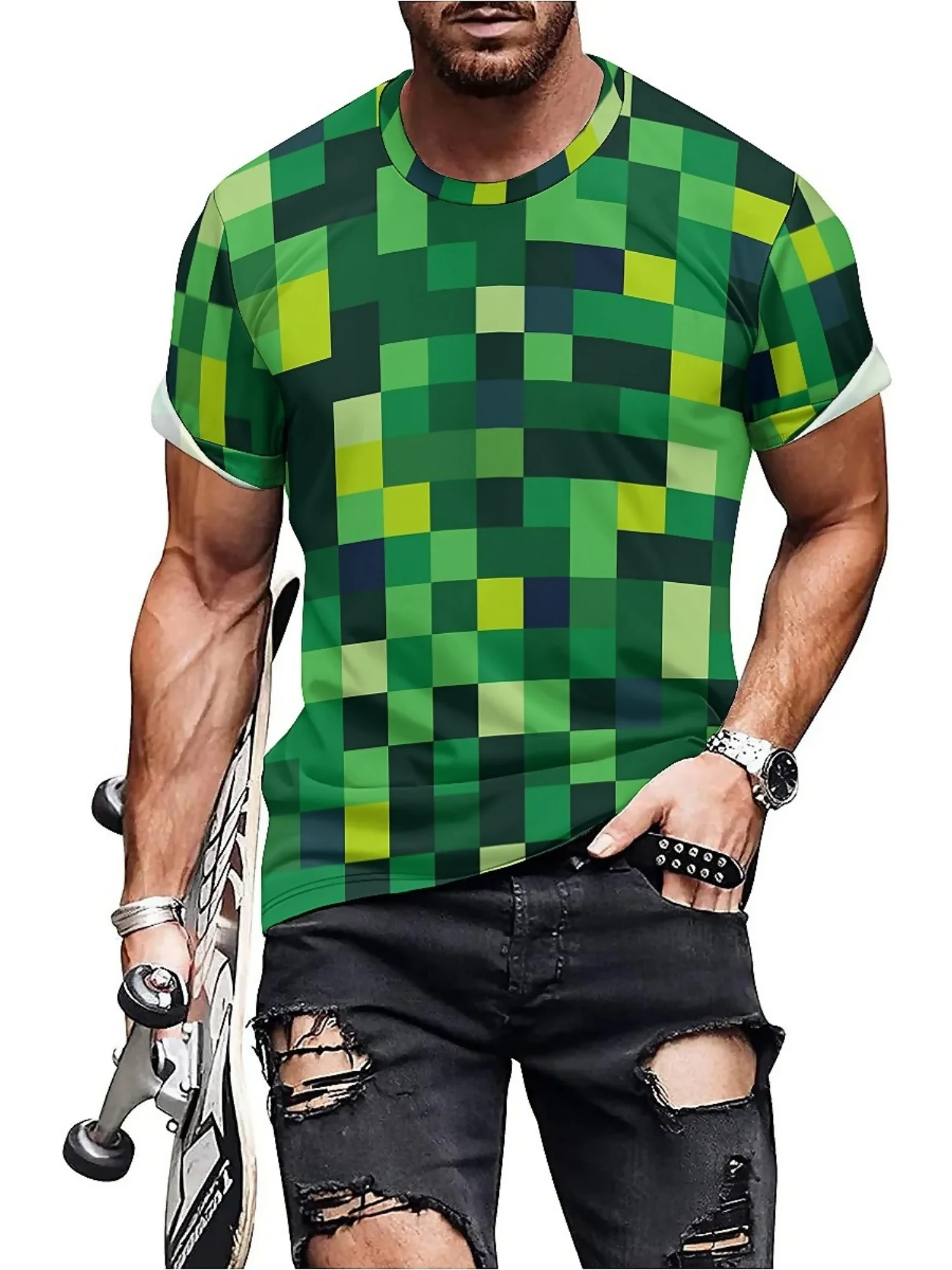 Men'S 3D Pixelated Print Short Sleeve T-Shirt - Green & Black Geometric Design, Soft Polyester Fabric, Casual Crew Neck