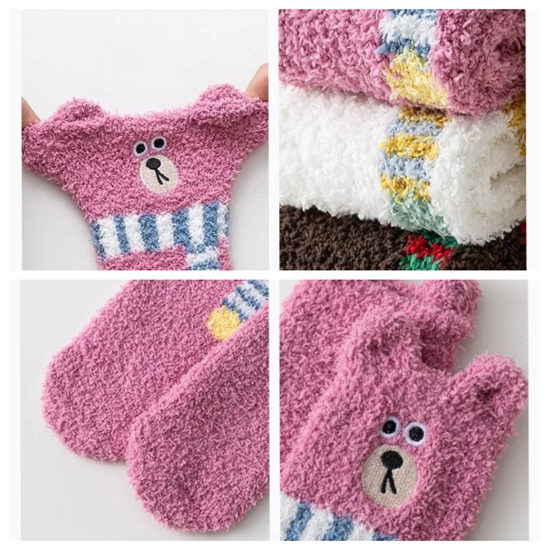 Calzini lunghi per bambini invernali in pile di corallo, spessi, caldi, carini, per ragazze, ragazzi, morbidi cartoni animati, orso, madre figlia, calze genitore-figlio