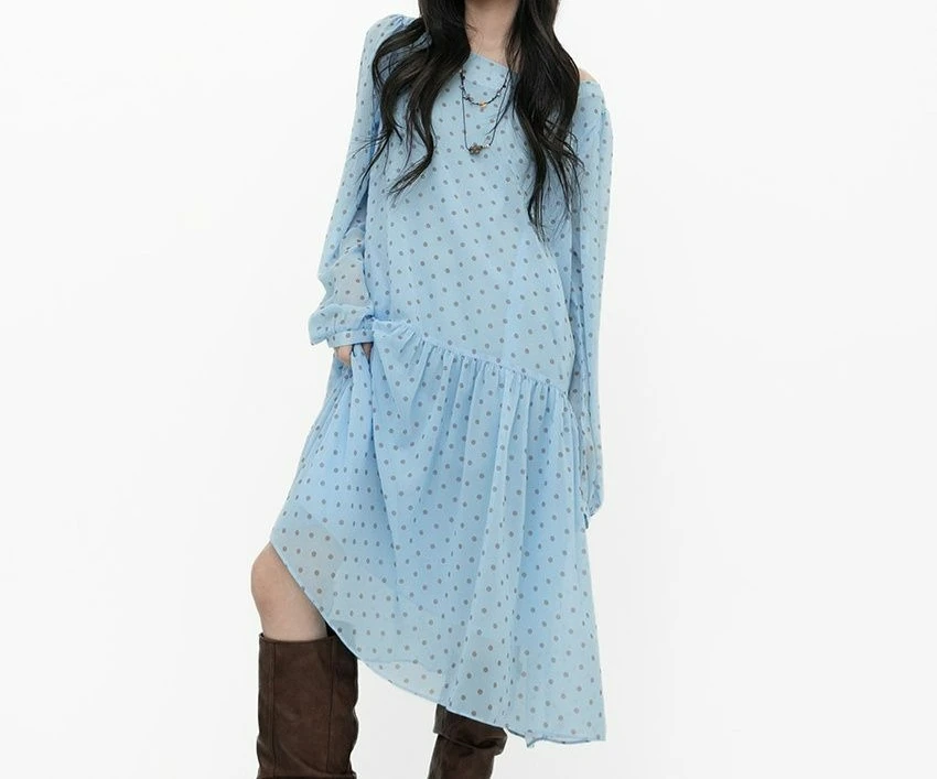 Retro Crew Neck Chiffon Long-sleeved Dress New Polka Dot Age Reduction Temperament Gentle Woman