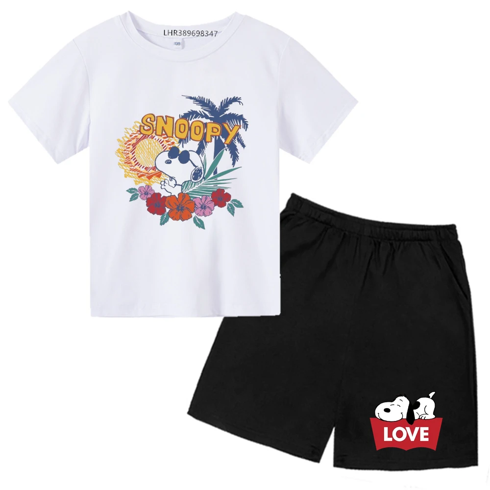 Snoopy Kids Clothes Stylish Party T-Shirts+shorts Set Girls Boys Round Neck Cotton TShirts Black Short Sleeve Summer Tee Shirt