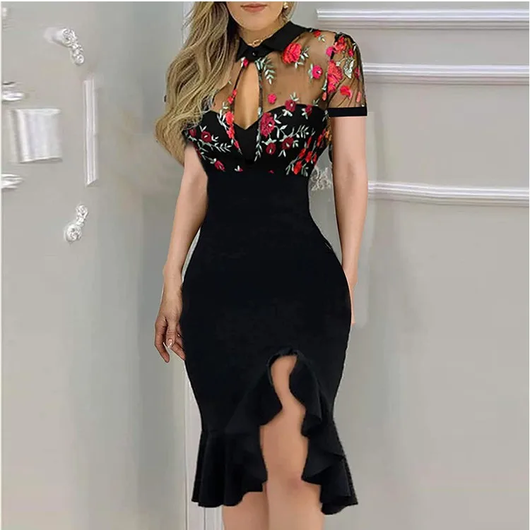 

Summer Women Sexy Embroidered Beaded Mesh Ruffle Dress Short Sleeve Irregular Bodycon Dress Fashion Party Dress