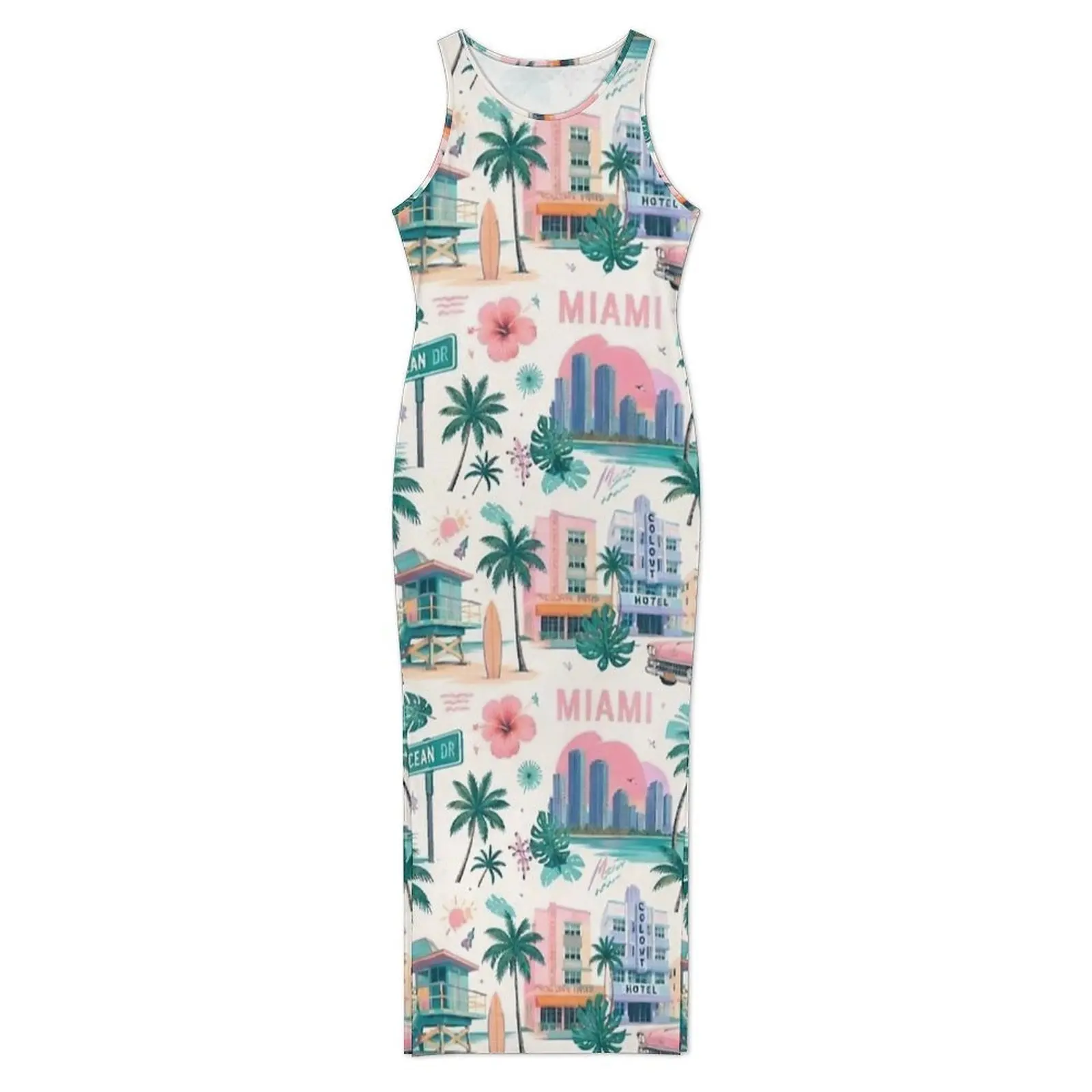 Miami Beach Tropical Sunset Print Dress Sleeveless  Retro Maxi Dresses Spring Streetwear Pattern Bodycon Dress Big Size