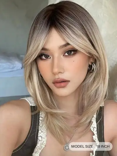 Charming Long Blonde Wigs for Women Synthetic Hair Wig with Fringe Ombre Color with Dark Roots Layered Wigs Heat Resistant Wigs