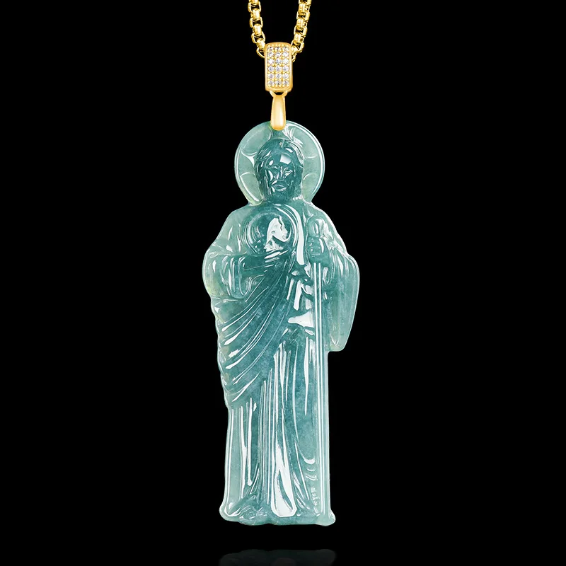 

Myanmar Jadeite St Jude Pendant Necklace 18K Gold Plated Carved Amulet Accessories Burmese Jade Gifts for Women Charm