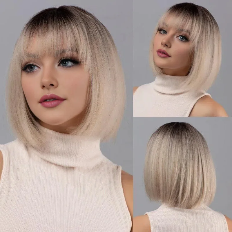 

European and American full headgear popular Qi bangs short hair Bobo head brown short straight hair wig woman
