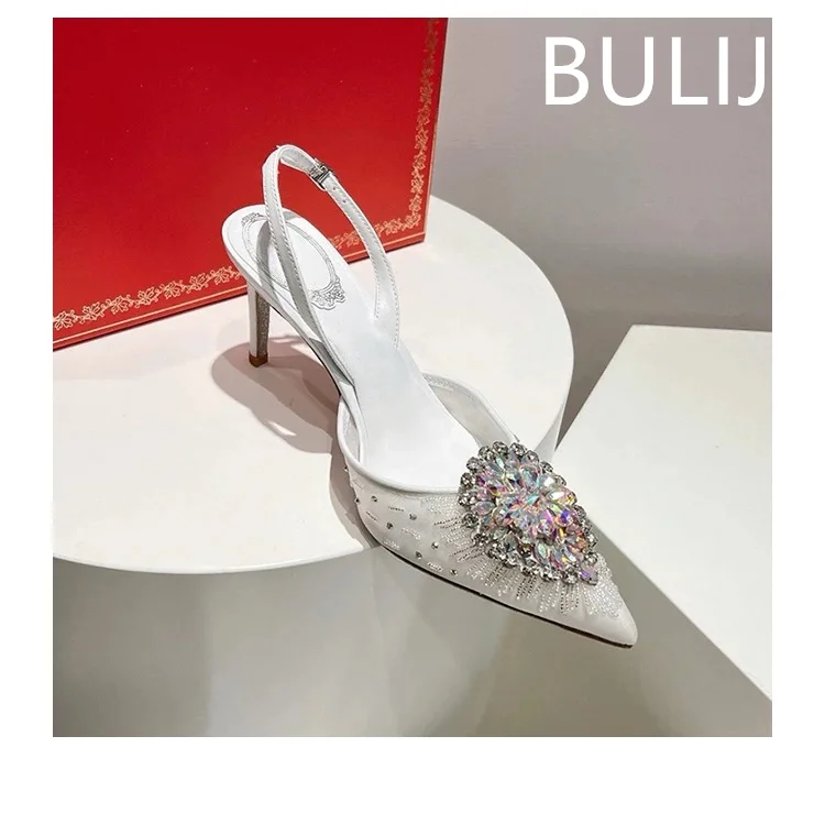 High quality Crystal diamonds High heels Ladies Breathable Lace Medium heel Thin heel Womens sandals Wedding shoes