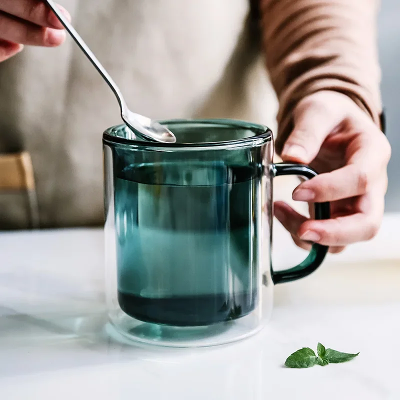 Colorful Glass Double Bottom Mug with Handle Home Coffee Cup Breakfast Milk Oatmeal Double Wall Anti-scald Beautiful Tea Mugs