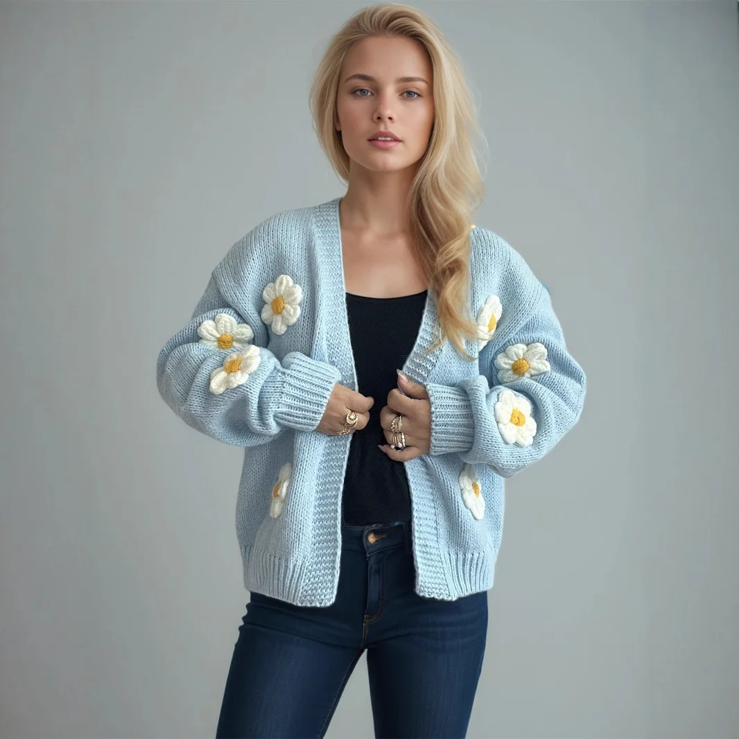 

Женский вязаный кардиган с 3D цветами, V-образным вырезом, свободный крой, широкие длинные рукава, свитер, новинка 2026 года, весенняя шикарная модная вязаная одежда
