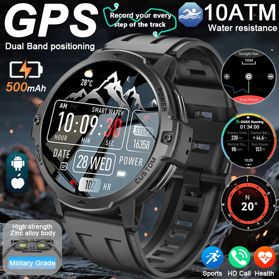 

Спортивные умные часы на открытом воздухе для мужчин, GPS-позиционирование, компас для вызова HD, 500 мАч, AMOLED-экран, 5 АТМ, водонепроницаемые умные часы для здоровья, новинка 2025 г.