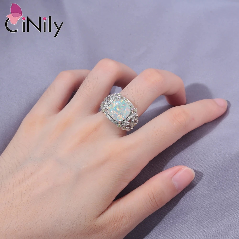 CiNily Exquisite Female White Opal Squre Ring with Gold Zircon Silver Plated Big Gemstone Ring for Women Wedding Fashion Jewelry