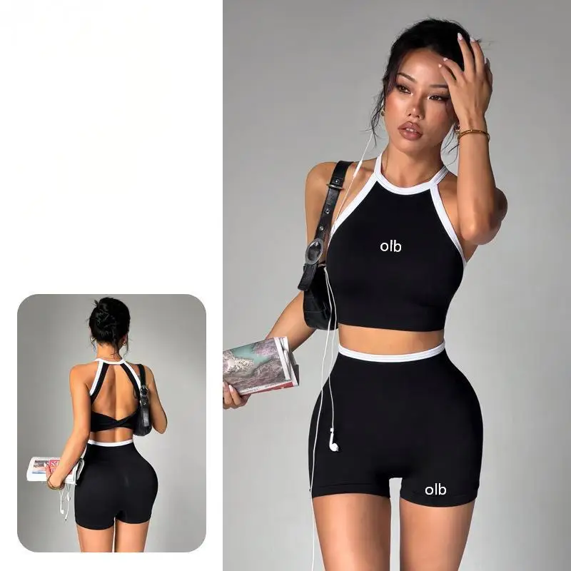 New sports suit, women's contrasting color backless high waisted hip lifting shorts fitness suit, running training yoga suit