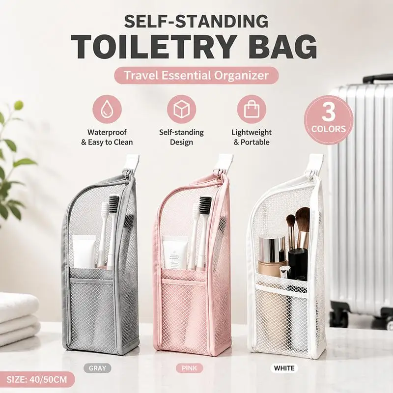 Waterproof Self Standing Toiletry Bag Large Capacity Multi Mesh Pockets Durable Travel Wash Organizer