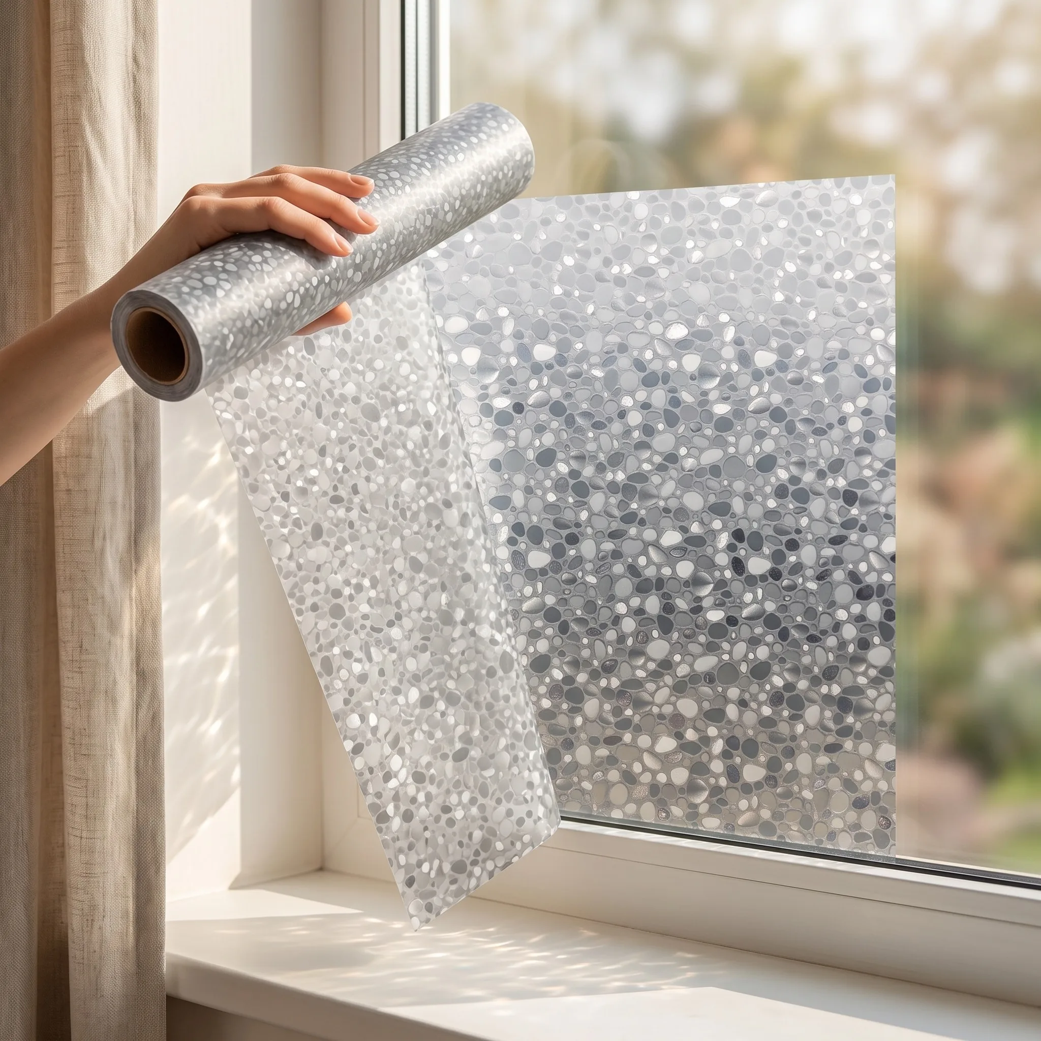 Static Cling No Glue Frosted Window Film Pebble Mosaic Privacy Glass Film, Natural Terrazzo Decor for Bathroom Bedroom Office DI