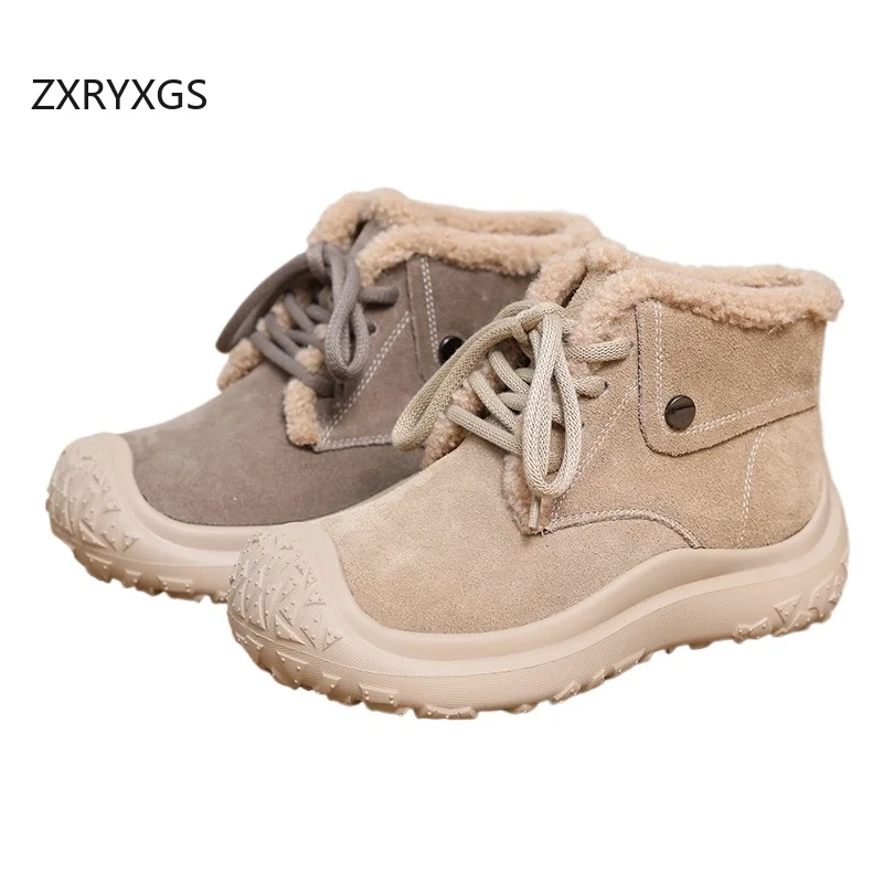 ZXRYXGS Matte Cowhide with Plush Winter Sneaker Trendy Boots 2025 Cross-tied Round Toe Women Snow Boots Platform Elevator Boots