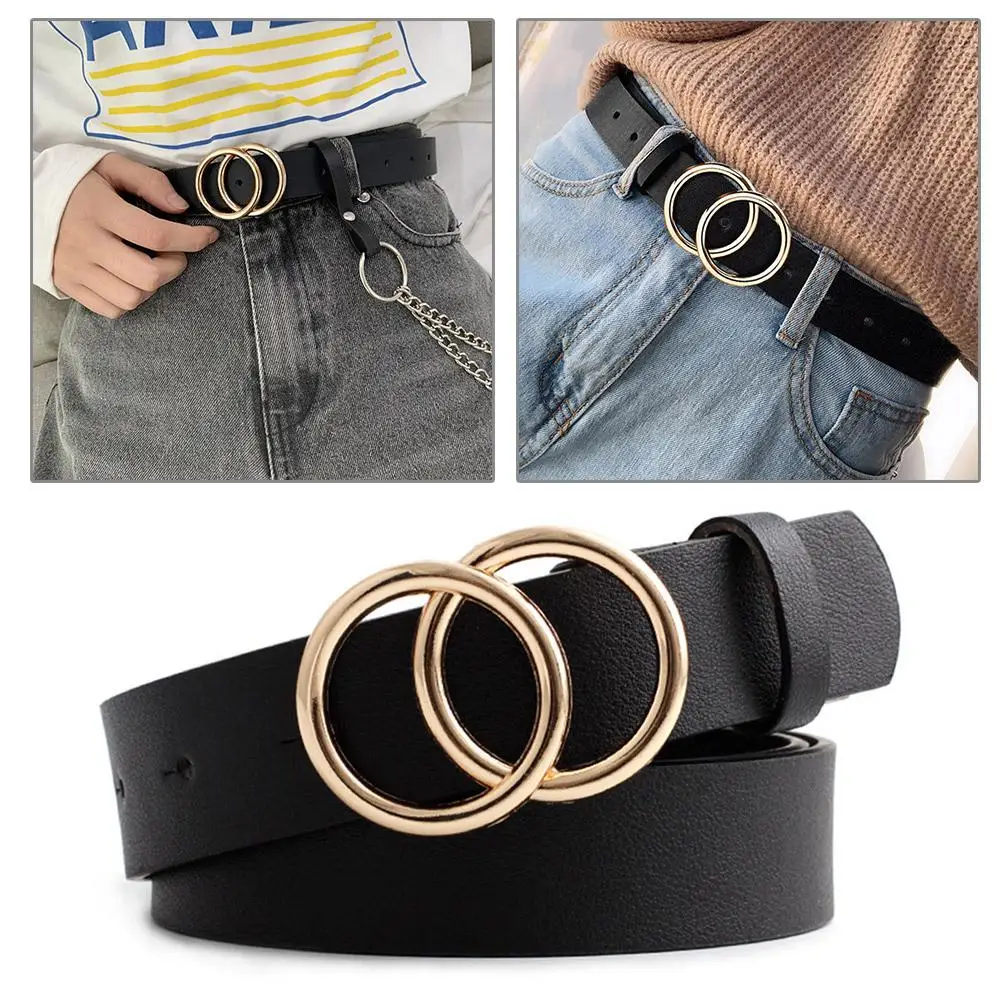 Ceinture à boutons double cercle pour femme, ceinture en cuir monochrome, sangle réglable, simple, document, jeans de loisirs, robe de mode, F8B4