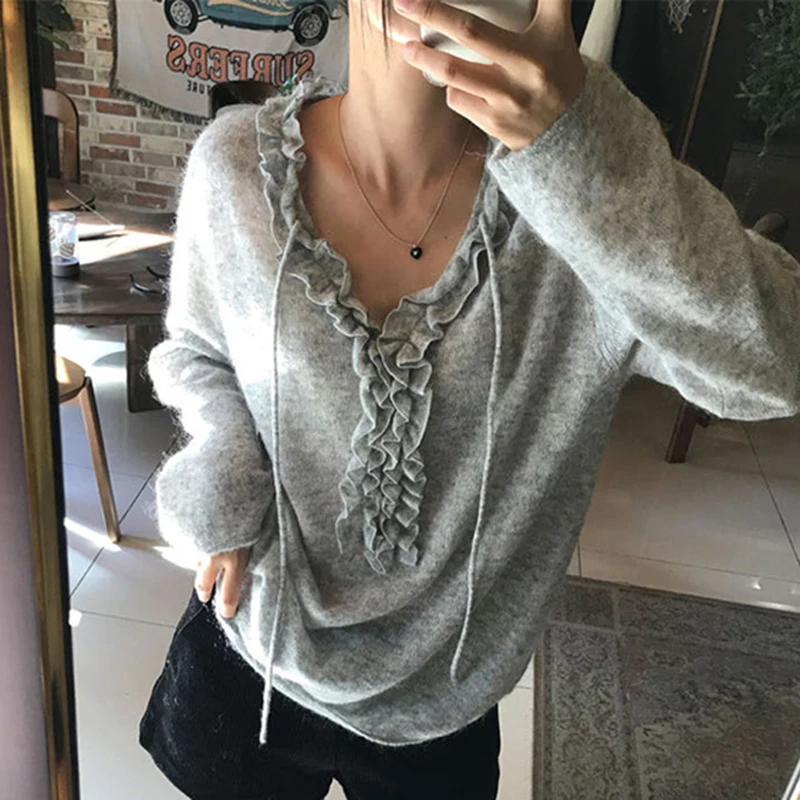 

Уличная одежда, свитер, женские модные лоскутные вязаные пуловеры с оборками, элегантные корейские трикотажные изделия с v-образным вырезом, зимние джемперы с длинными рукавами