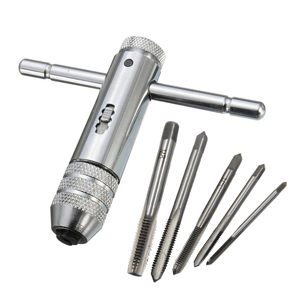 M3-M8 Adjustable Ratchet Wrench 5pc Hand Tap Tapping Forward and Reverse Tapping Hand Tool Accessory Set