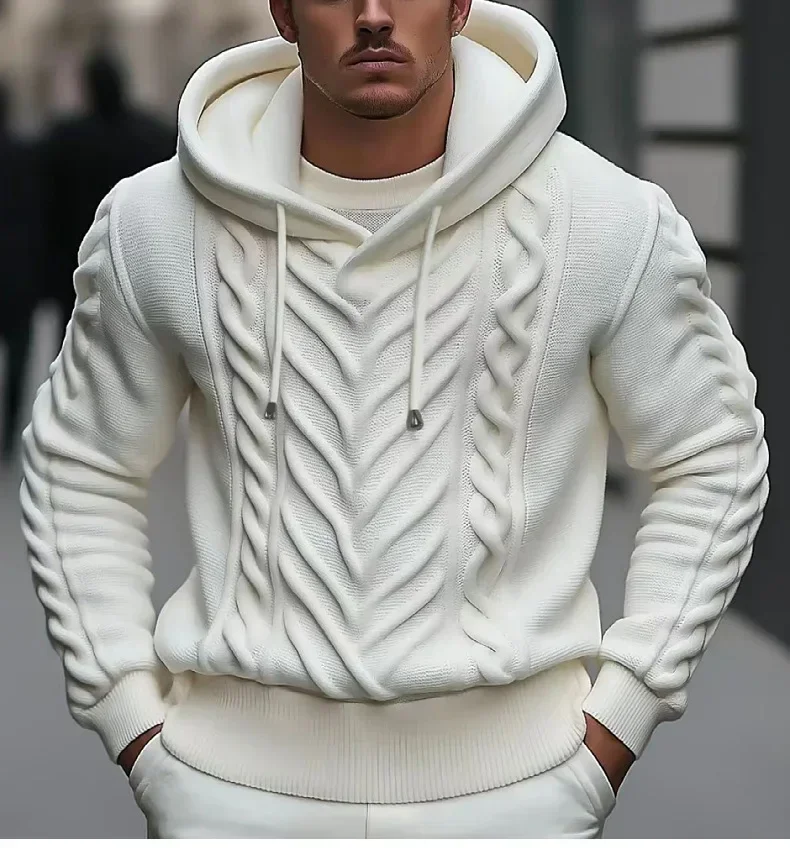 Men Pullovers Sweaters Solid Casual Loose Splice Hooded Knitted Regular Thick Warm Tops Autumn Winter 2025 Sweatshirts