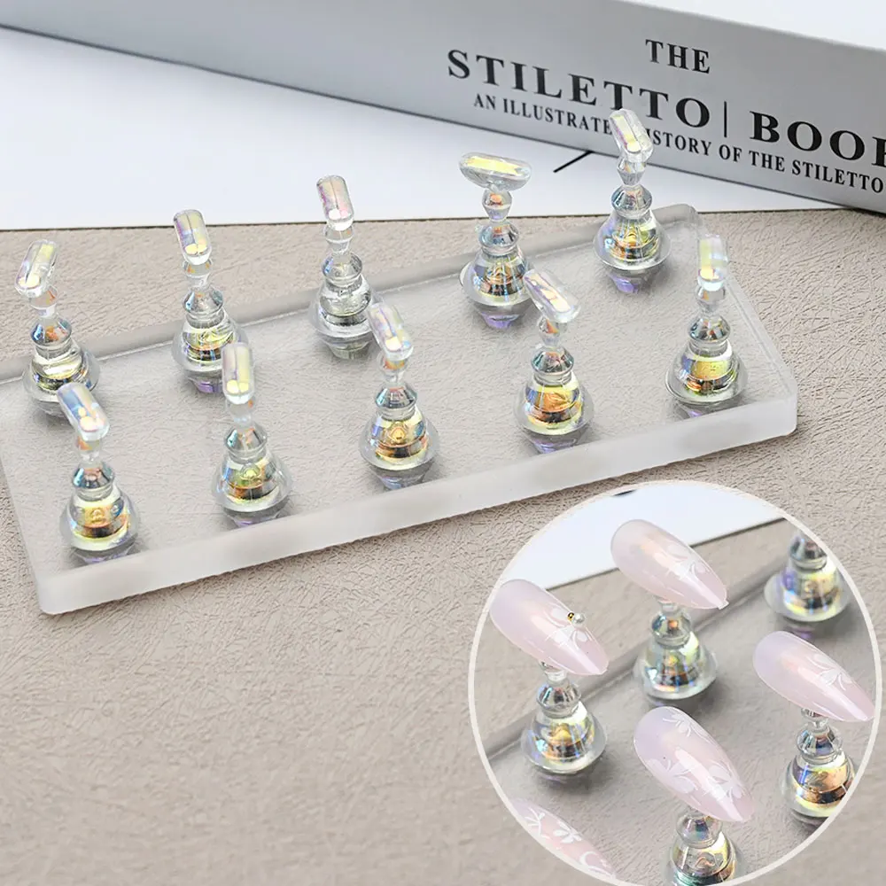 10pcs Transparent Aurora Nail Stand Magnetic False Nails Holder Press on Nails Display Nail Rack Acrylic Nail Training/Painting