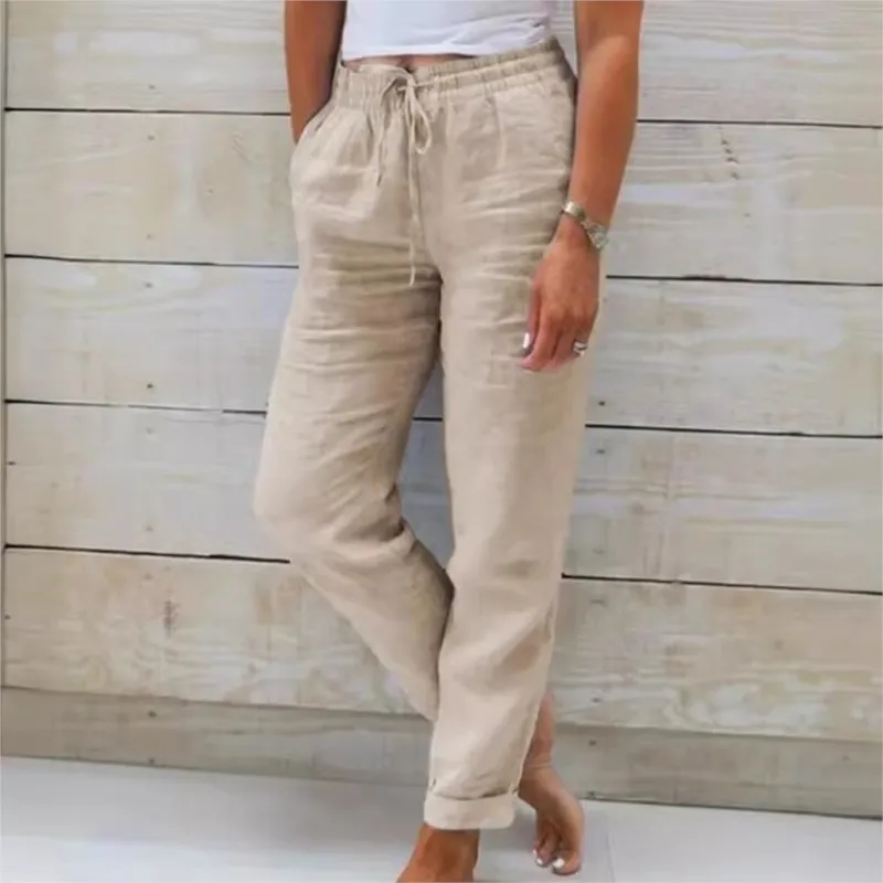 Women's Cotton Linen Elastic Waist Drawstring Lace Up Pants Casual Fashion Pocket Solid Female Loose Beach Straight Trousers