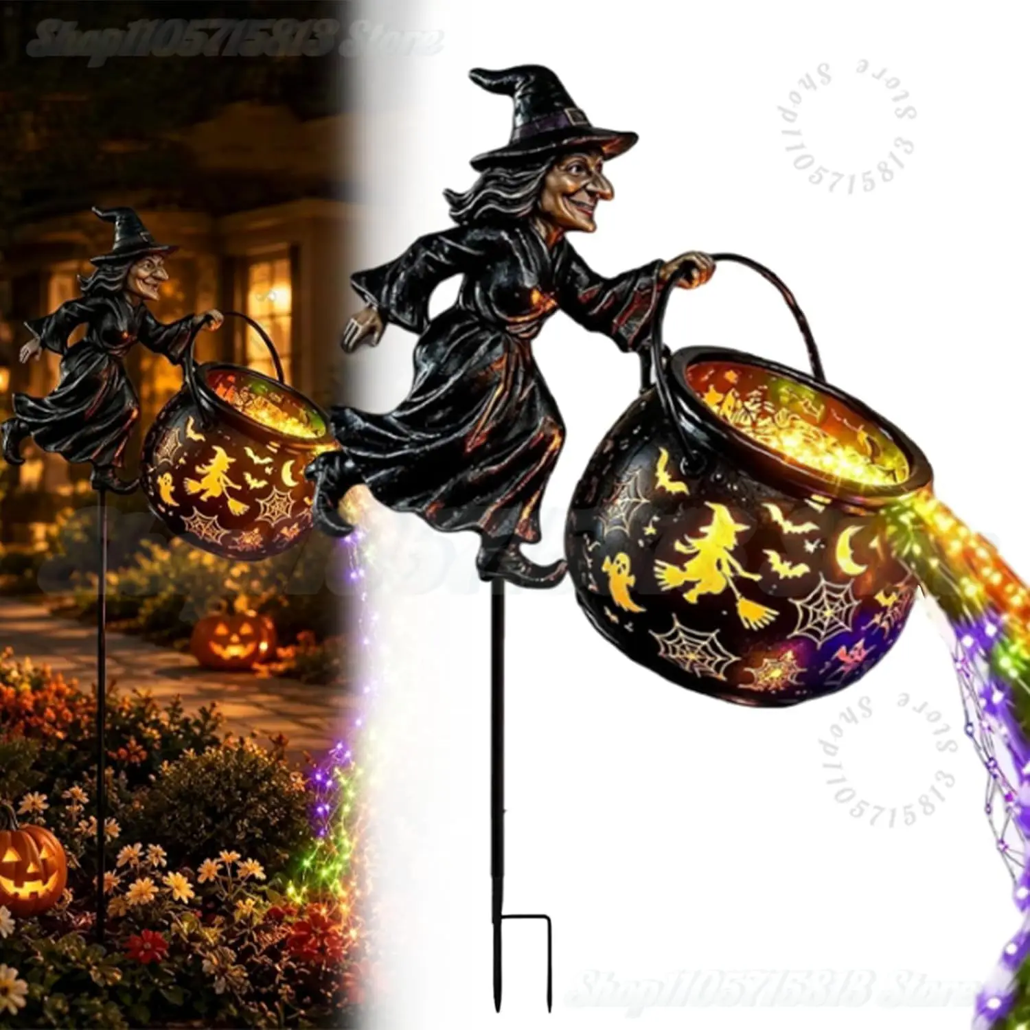 Halloween Witch Cauldron Garden Light,Colorful Waterfall-Style Light Flow Flying Witch Garden Stake,Halloween Decorations