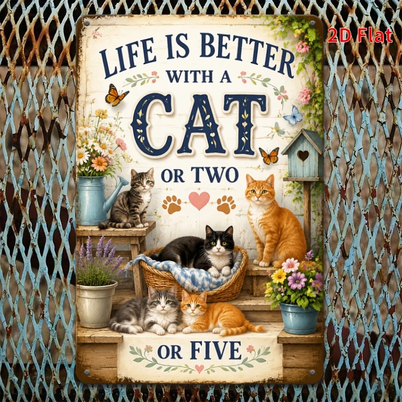 2D Flat, Decorative Sign 2D Flat - [2Dflat], 1pc 11.81X7.87inch- Life Is Better with A Cat Tin Sign, Cat Lover Decorative Signs,