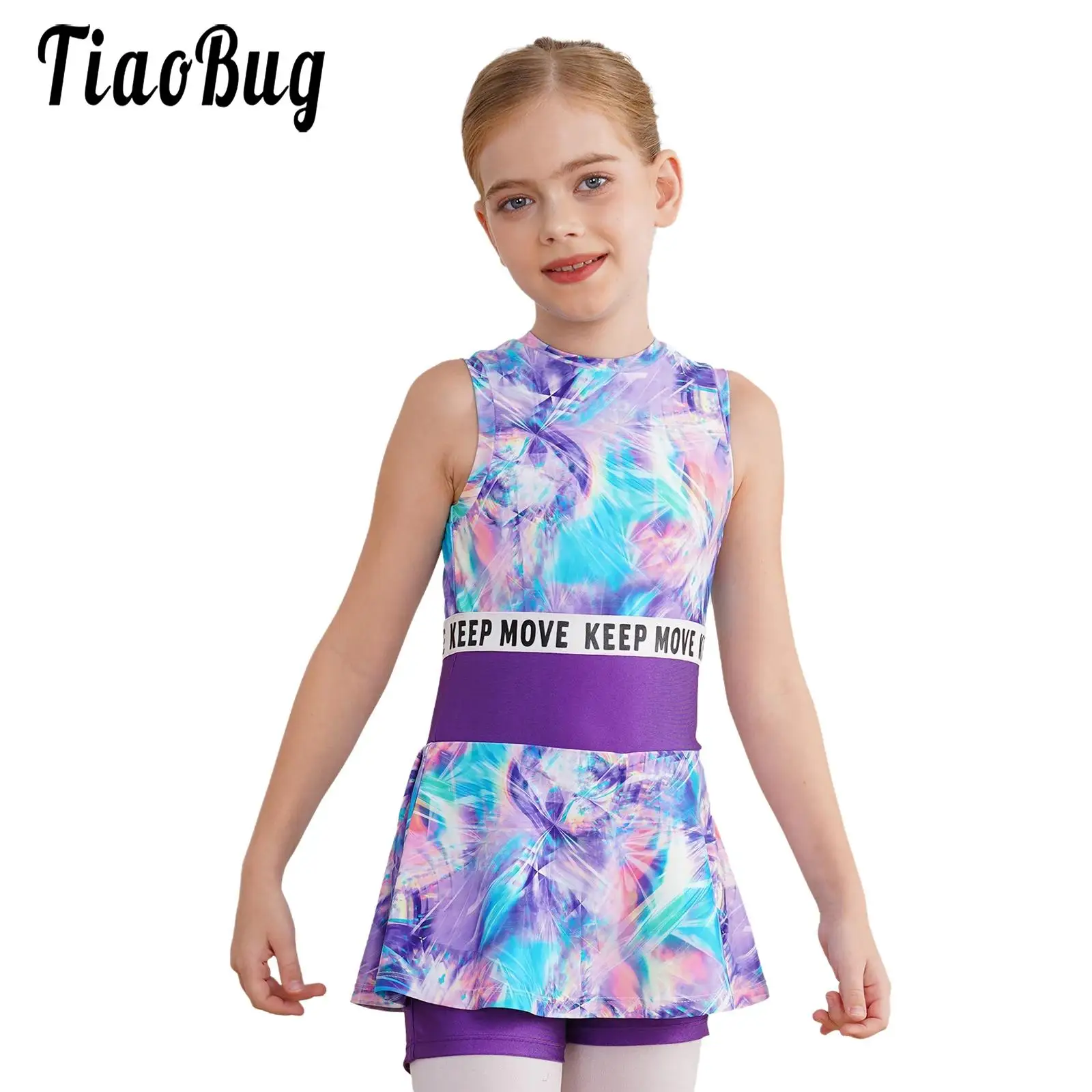 Kid Girls Gymnastic Sleeveless Dance Jumpsuit Dresses Athletic Leotard Colorful Print Bodysuit Sport Dancing Performance Costume