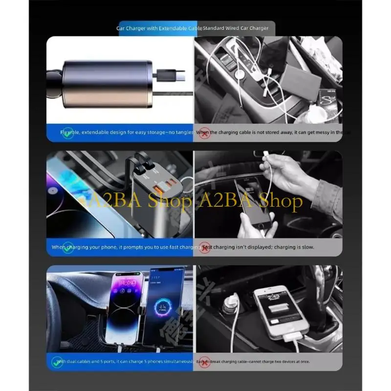 A2BA Triple Port 66W Fast Car Chargers Auto Detect Technology Retractable Charging Cord For Phones Tablets Laptops