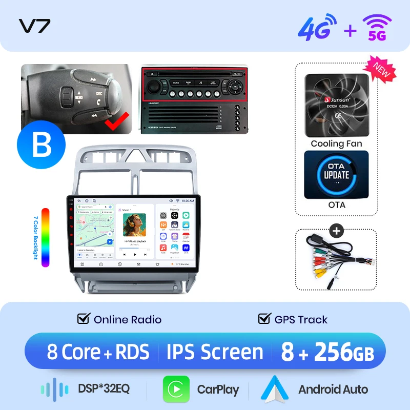 Junsun draadloze CarPlay Android Auto autoradio voor Peugeot 307 (Hatchback/SW/CC) 2001-2008 met ingebouwde koelventilator, Android GPS navigatie, multimediaspeler, WiFi, DSP, RDS, BT, SWC, IPS