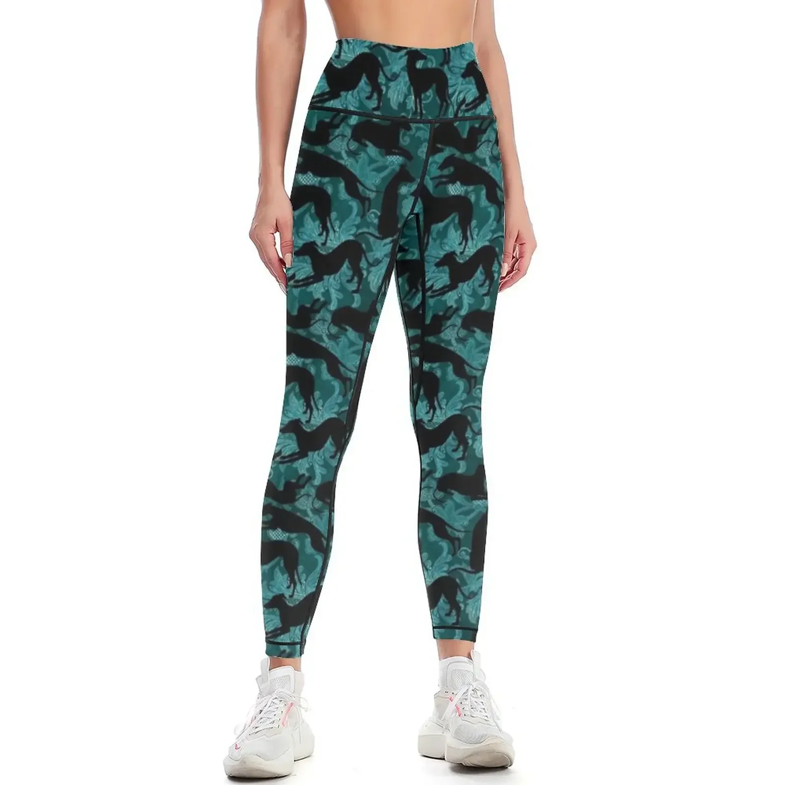 

Cyan Damask Silhouetted Greyhounds Leggings Women's high waist harem pants Women's gym workout clothes for Womens Leggings