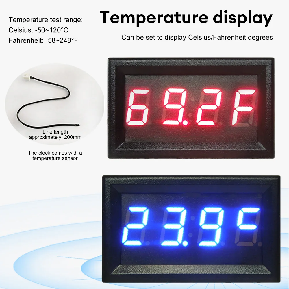 3 in 1 Electronic Clock Thermometer Voltmeter LED Digital Display DC 0-300V Voltage Tester -50℃~120℃ Temperature Meter for Car