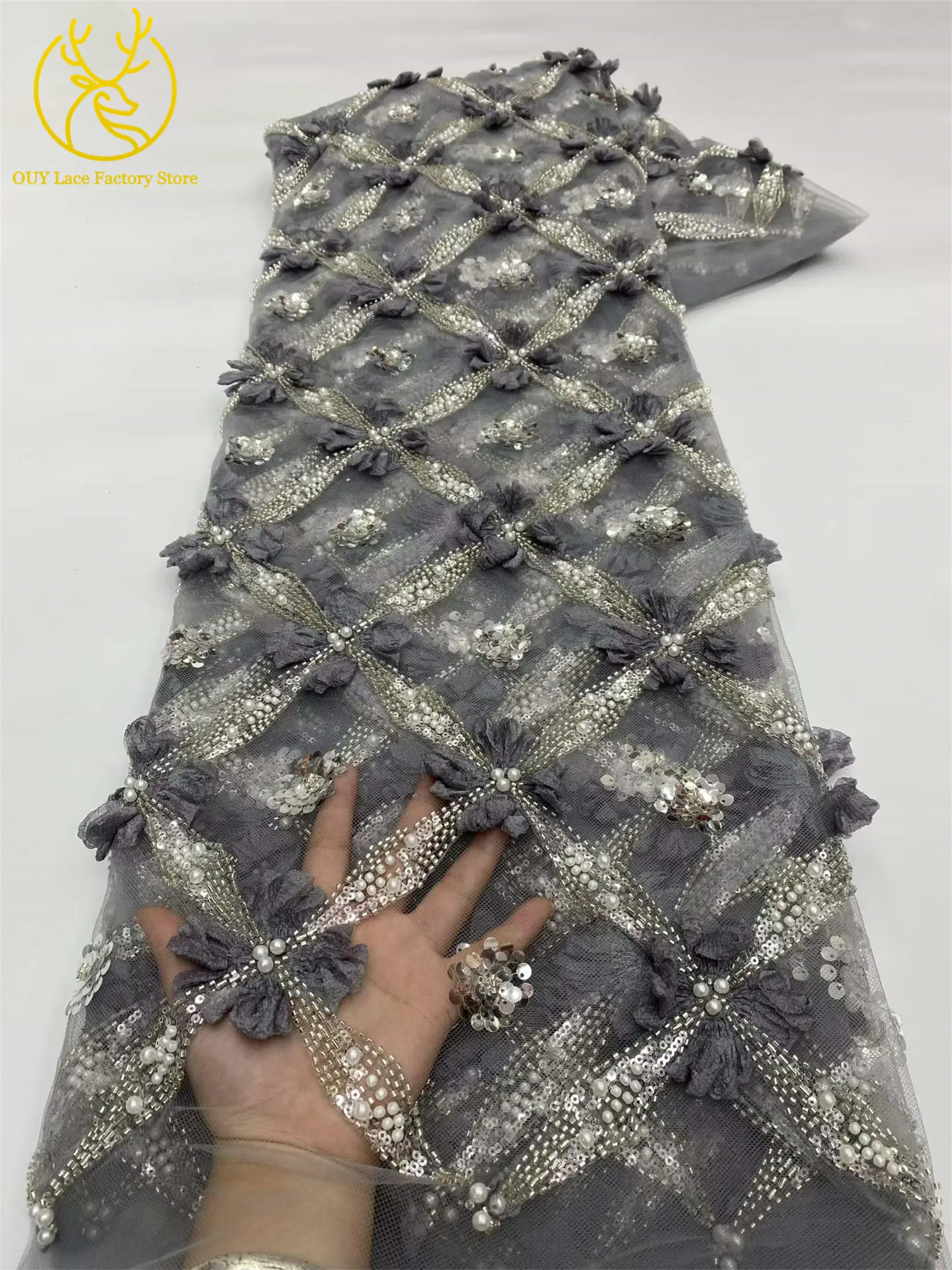 Eleganter, modischer nigerianischer 3D-Tüll-Pailletten-Spitzenstoff, hochwertiger afrikanischer Perlen-Spitzenstoff zum Nähen von Hochzeitskleidern, 5 Yards – Detail 13