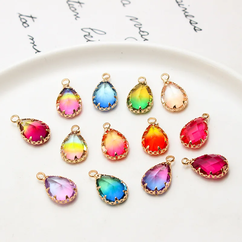 1pcs Diy Accessories Gradient Color Copper Edging Crystal Glass Water Drop Pendant Earrings Necklace Material Handmade Charms