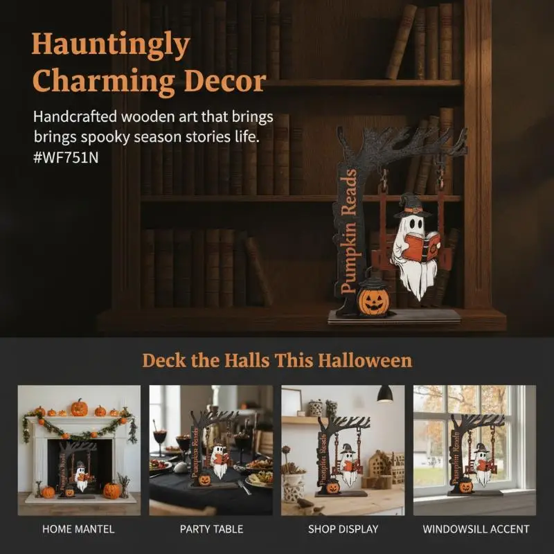 Ghost Swing Figurine Wooden Tree Halloween Decor Pumpkin Witch Hat Spooky Tabletop Party Decor Gift