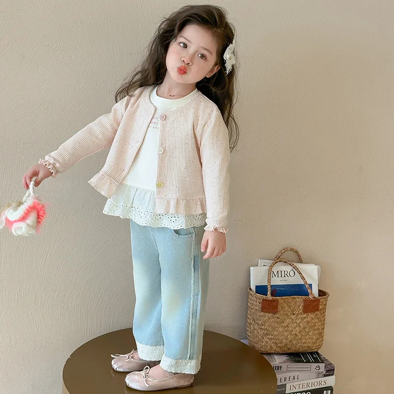 Girls' Suit 2025 Spring and Autumn New Children's Spring Clothes Little Girl  Fashionable Cardigan Three-piece Set