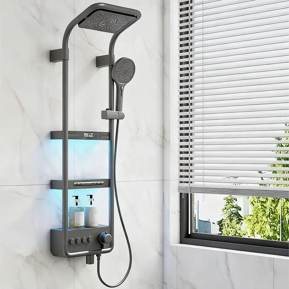 Modern High End Bathroom Shower Faucet Set Rainfall Waterfall Mixer Taps Smart LED Display Rain Showers Panel System with Lamp