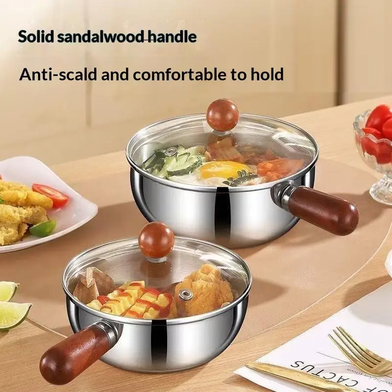 New 17-20cm Single-person Pot Stainless Steel Bowl Walnut Wood Handle Fruit Salad Yogurt Bowl Restaurant Breakfast Cooking Tool
