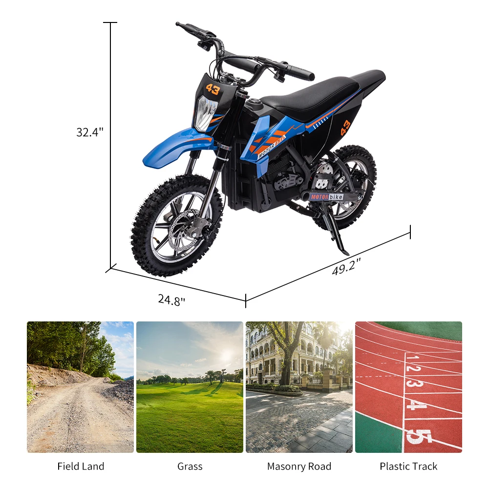 Bicicleta elétrica para crianças, motocicleta de velocidade rápida com farol LED, assento de couro, passeio na motocicleta, motor 350W brushless, 15.5MPH, 36V