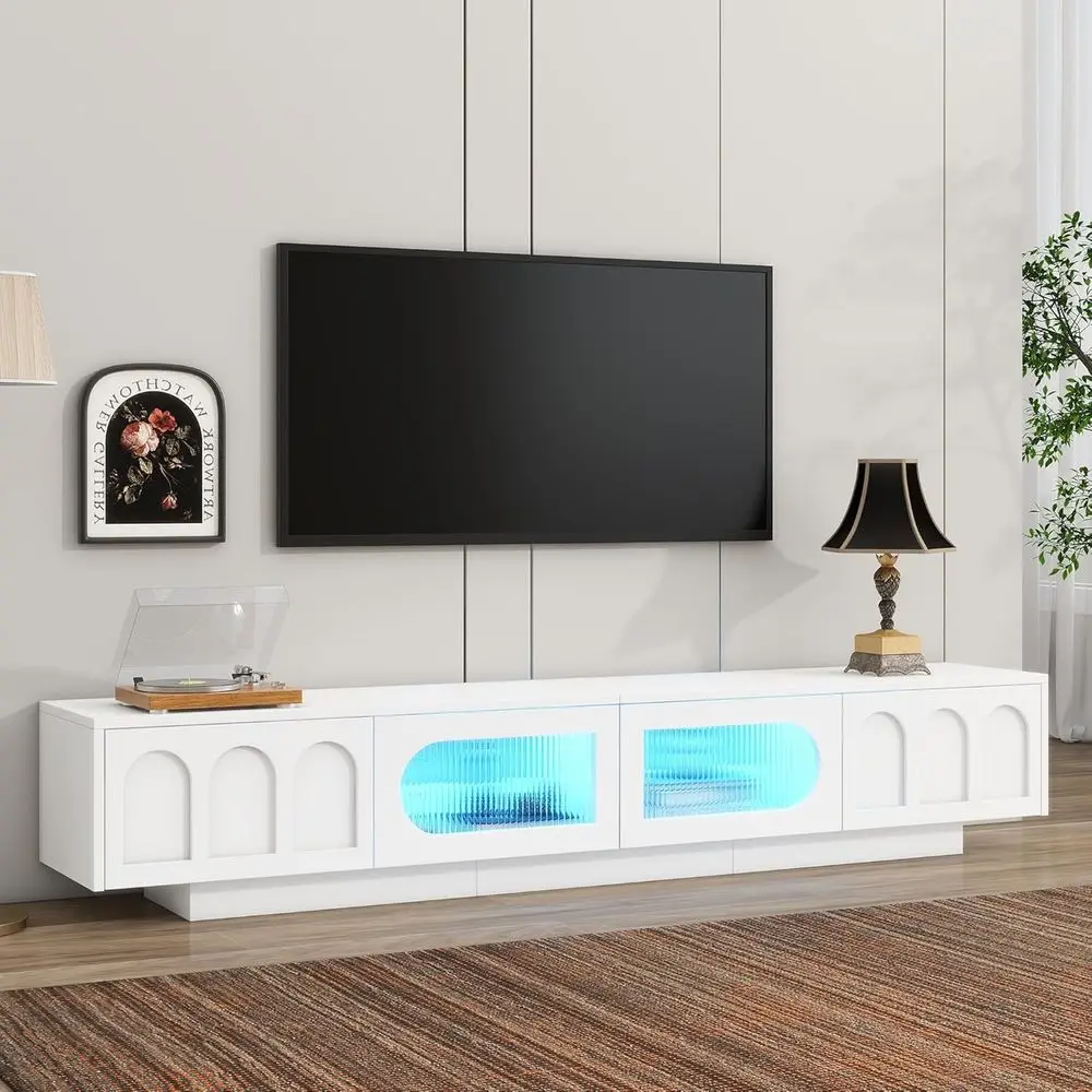 

95'' TV Stand with Smart LED Lighting, Functional Media Shelf, Arched Design, Glass Doors, White Entertainment Center for Living