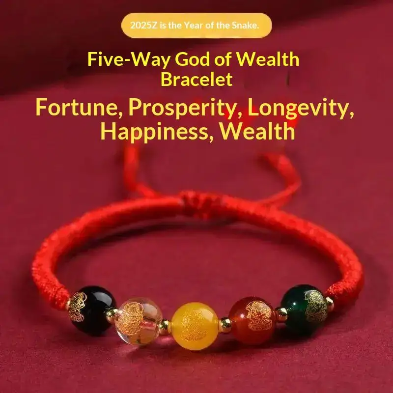 Five Wealth Gods Lucky Charm Red String Bracelet Smooth Glass Beads for Kids Daily Wear Birthday Present