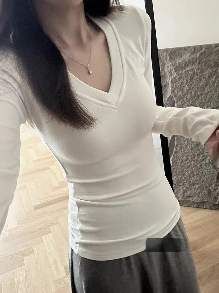 

Pure Cotton V-Ne Long Sve Fce Lined Base irt Women's Slim Fit Autumn White T-irt Casual Sle Regular Sve