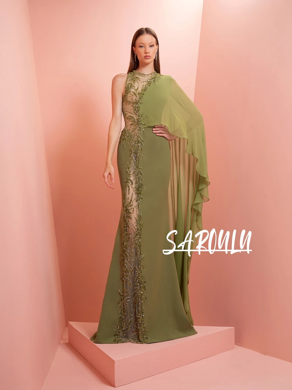 

Зеленое женское красивое вечернее платье с вышивкой и блестками, 2026, стильное платье русалки по индивидуальному заказу с накидкой по бокам, иллюзия, платье для выпускного вечера
