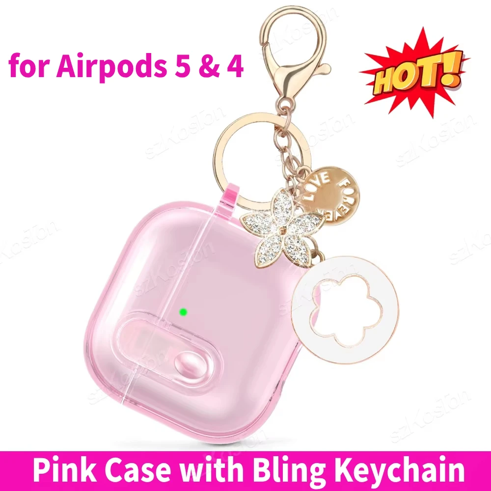 Rosa Transparente Hülle für Airpods 5 & 4 Kopfhörer Weiche TPU Schutzhülle mit Mädchen-Bling-Schlüsselanhänger für Air Pods 5&4
