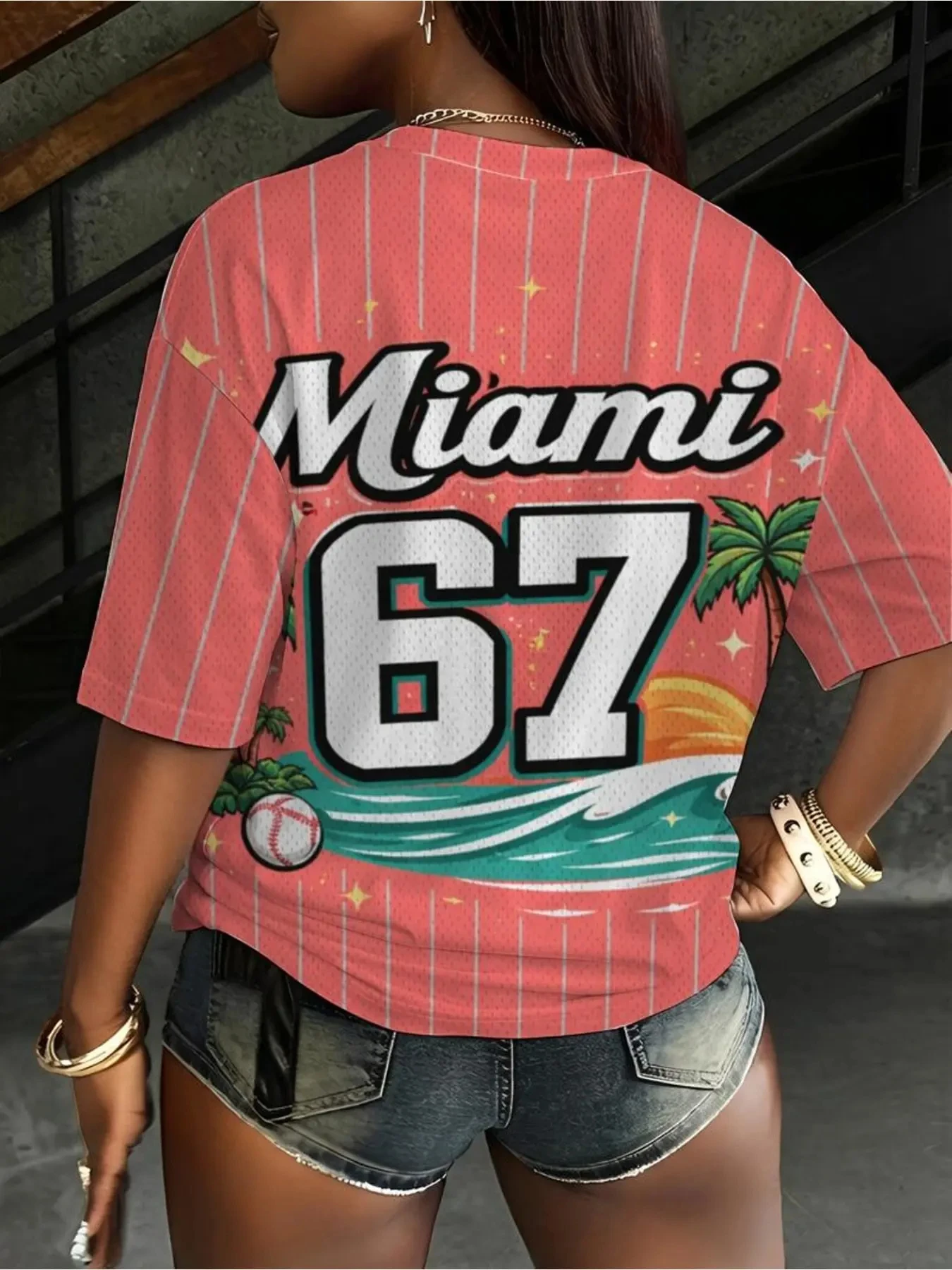 American Vintage Miami 67 Y2K Mesh Baseball Jersey for Women, Fitted, Pink  women clothing my body my choice oversized t shirt