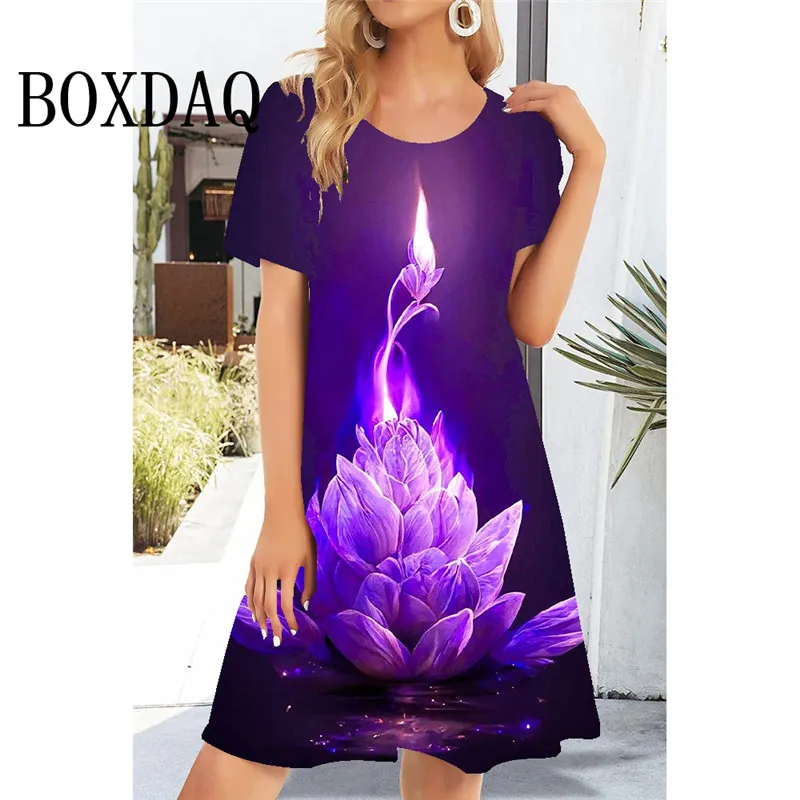 New Mini Dress 2024 Women's Clothing Elegant Short Sleeve Floral Print Fashion Loose Dress Round Neck Casual Party A-Line Dress