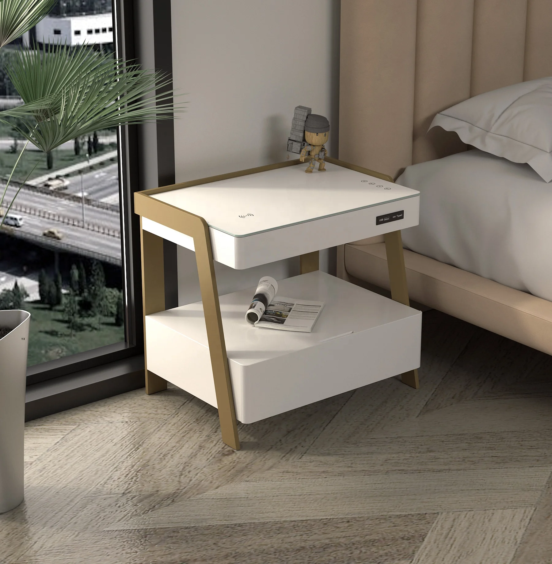 الجملة الحديثة شحن ذكي طاولة السرير متعددة الوظائف السرير الجدول أدراج طاولة جانبية لغرفة المعيشة غرفة نوم