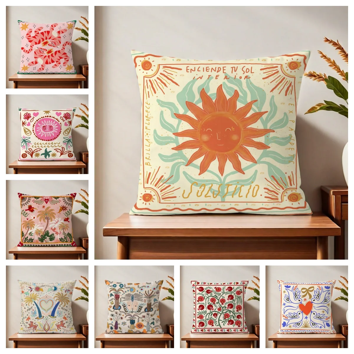1pc Living Room Bohemian Pillow Cover, Polyester 2D Double-Sided Print, Mexican Folk Art Sun Cushion, Perfect Gift for Hippie Lo