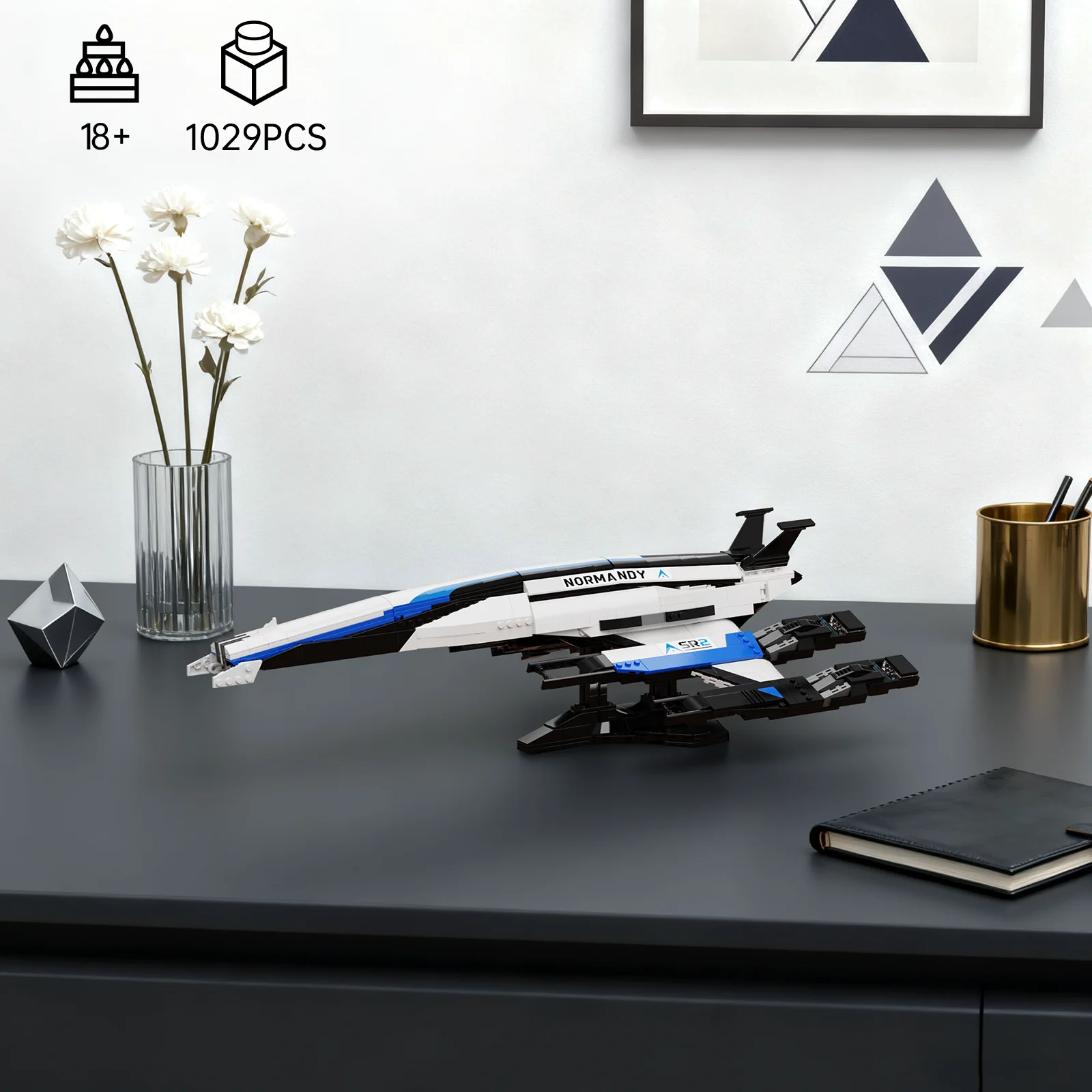 Normandy SR-2 Spaceship Building Blocks with Display Holder Mass Effect Starship Model Bricks Collection Toys Gifts for Fans Adult