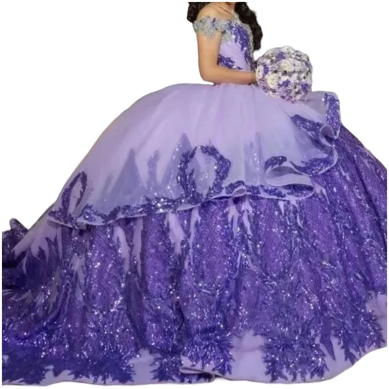 Personalizado roxo quinceanera vestidos fora do ombro renda applique vestido de baile vestido de festa de baile vestido de 15 anos pageant 16 wear