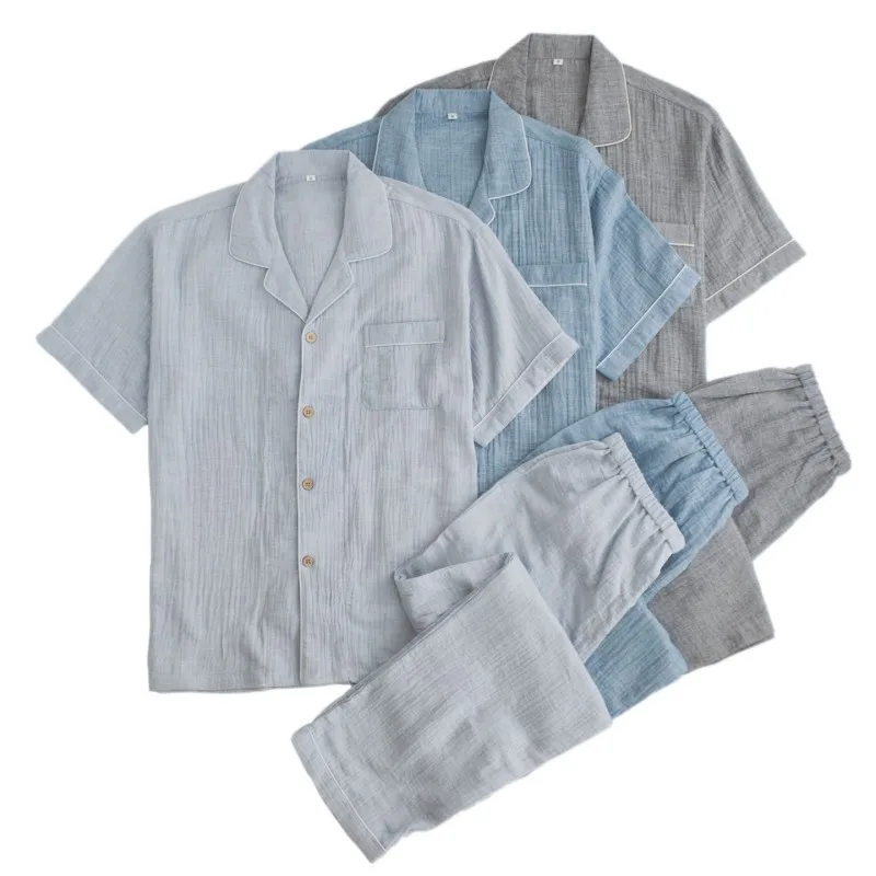 Men's Spring and Summer 100% Cotton Crepe Pajamas Sets Two-piece Clothes Thin Large Size Loosen Sports Home Wear Suit Sleepwear